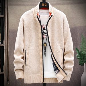 Knitted Cardigan Solid Color Sweater Men Zipper Autumn New Long-sleeved Jacket Warm Fleece Cardigans Jacket